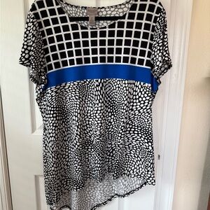 Chico's Black and White Patterned Top with Blue Accent